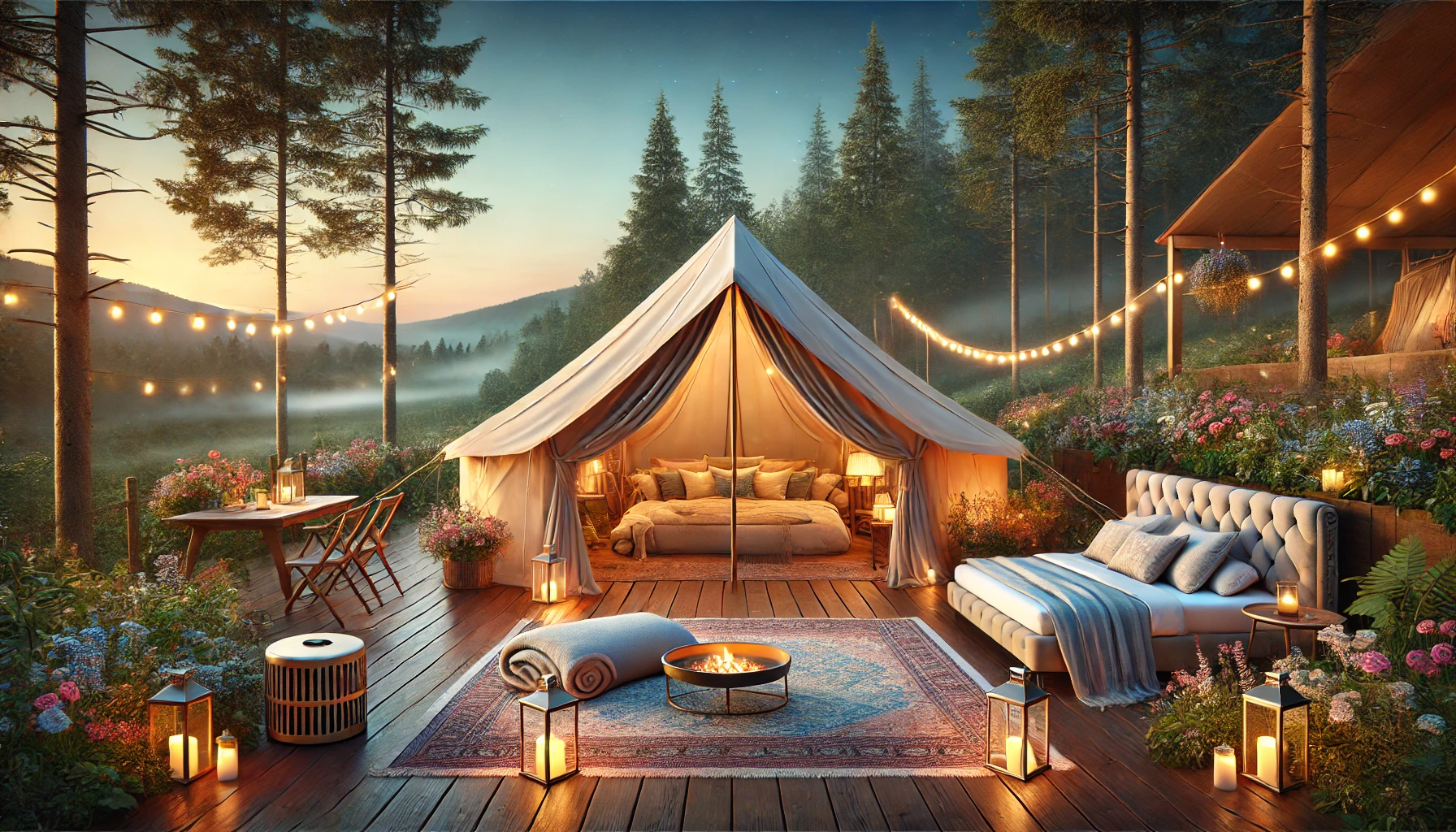 Glamping tÃ¦lt udendÃ¸rs i hyggeligt miljÃ¸ pÃ¥ bagge med lyskÃ¦der