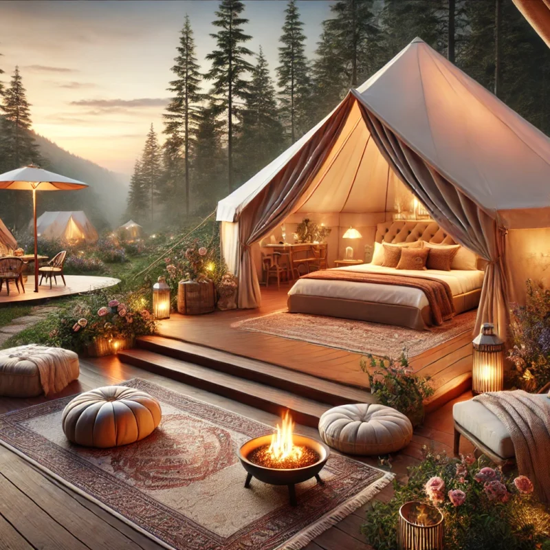 Glamping tælt udendørs i stov og hyggeligt miljø