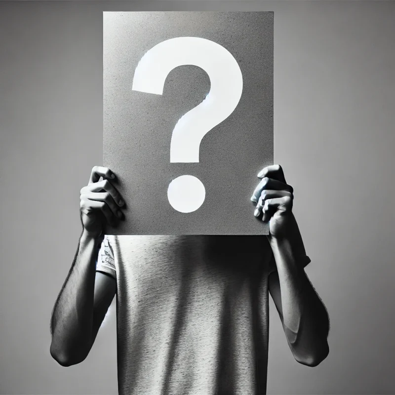 Spørgsmålstegn skilt holdt op foran ansigt bred