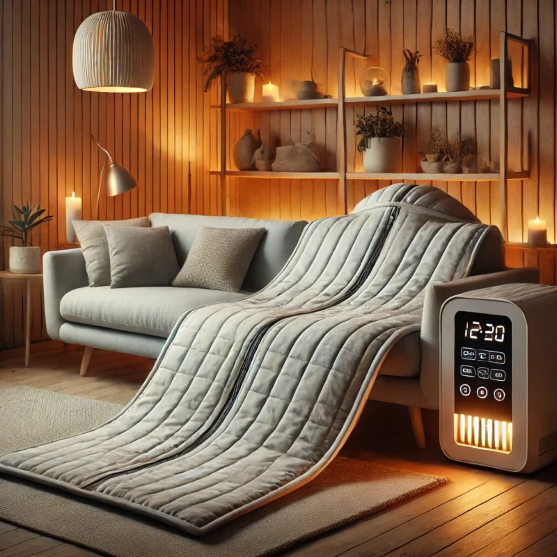 infrarød saunatæppe i hyggeligt miljø på sofa med varmeenhed ved siden af